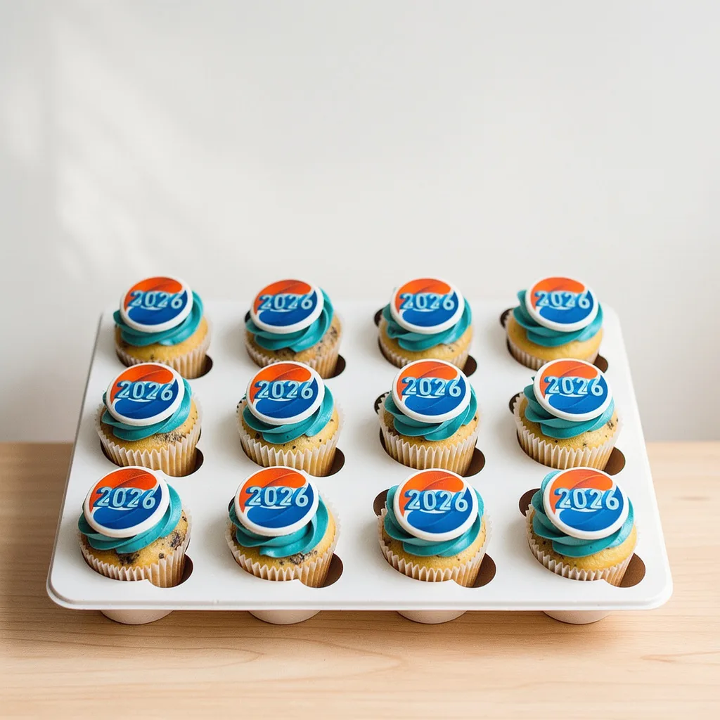 Set of 12 vanilla cupcakes with blue frosting topped with circular 2026 logo toppers