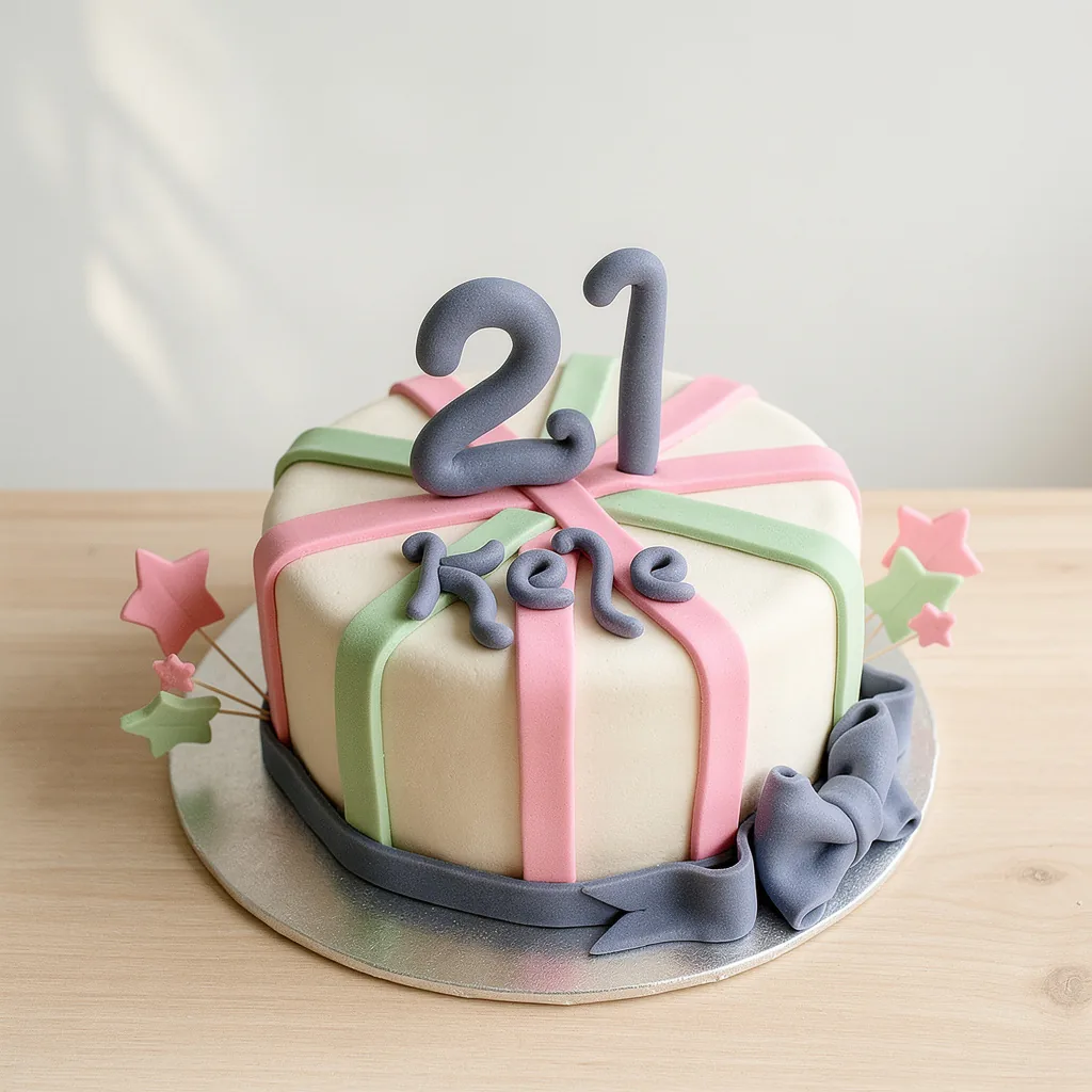 Smooth white round cake with green and pink fondant stripes, grey bow and number 21 topper