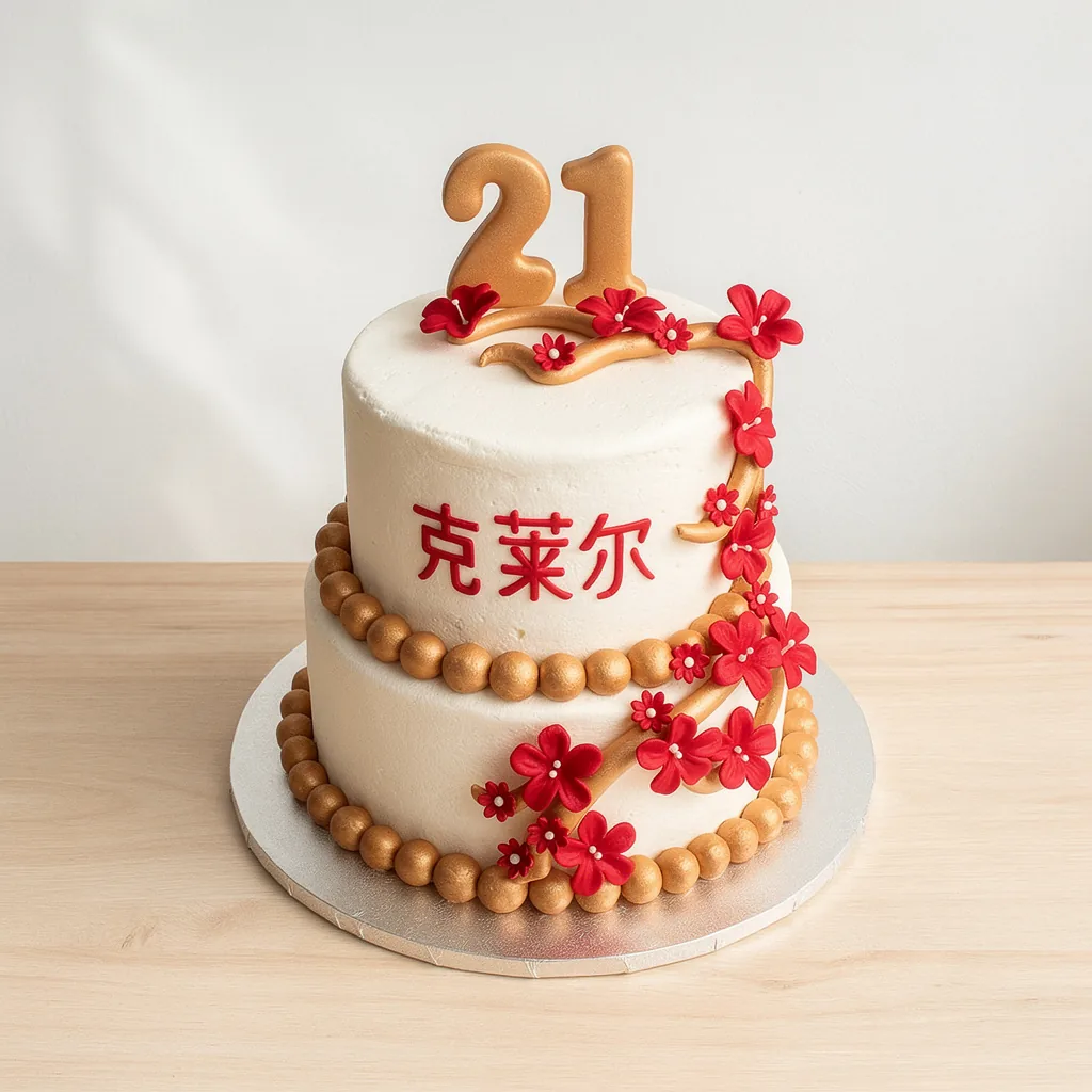 Two-tier white cake decorated with gold beads, red flowers, and gold 21 topper