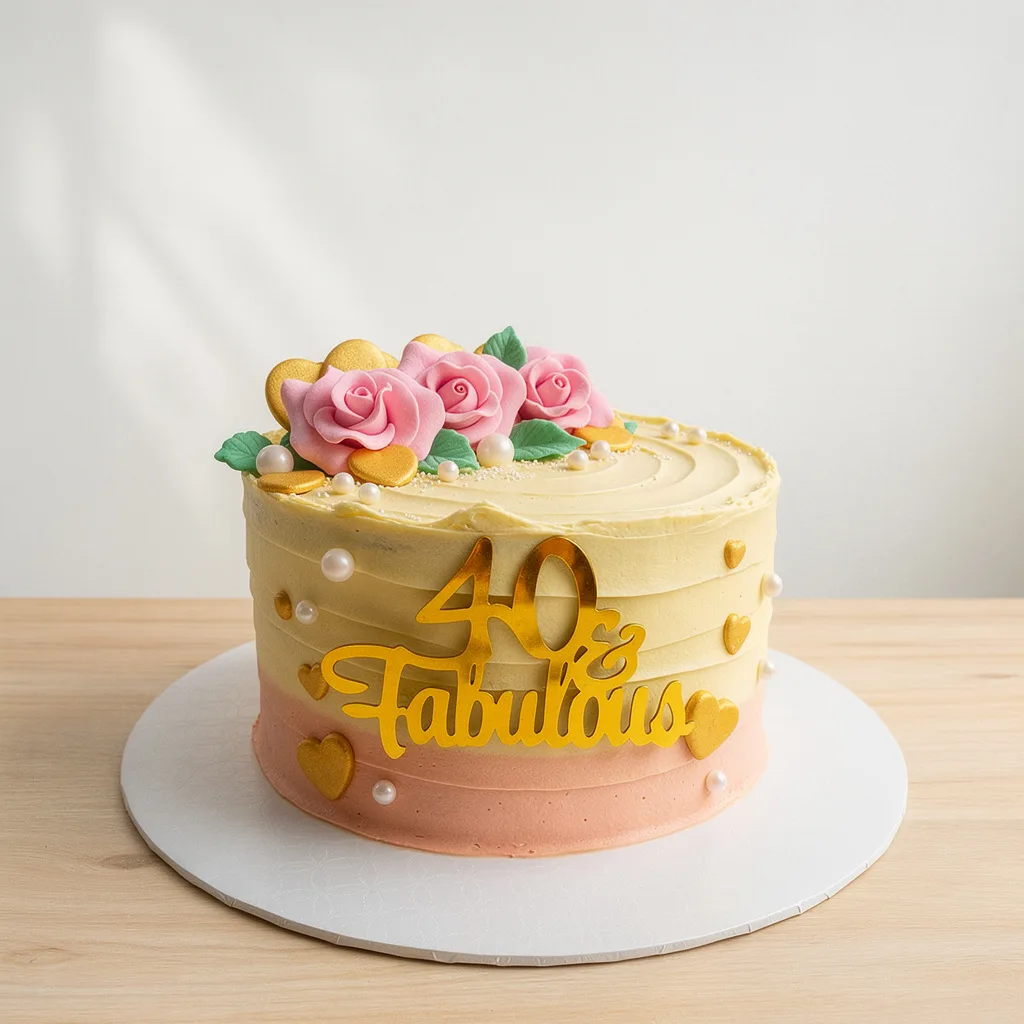 Round cake with pink and yellow ombre icing, pink sugar roses, gold hearts, and '40 & Fabulous' topper