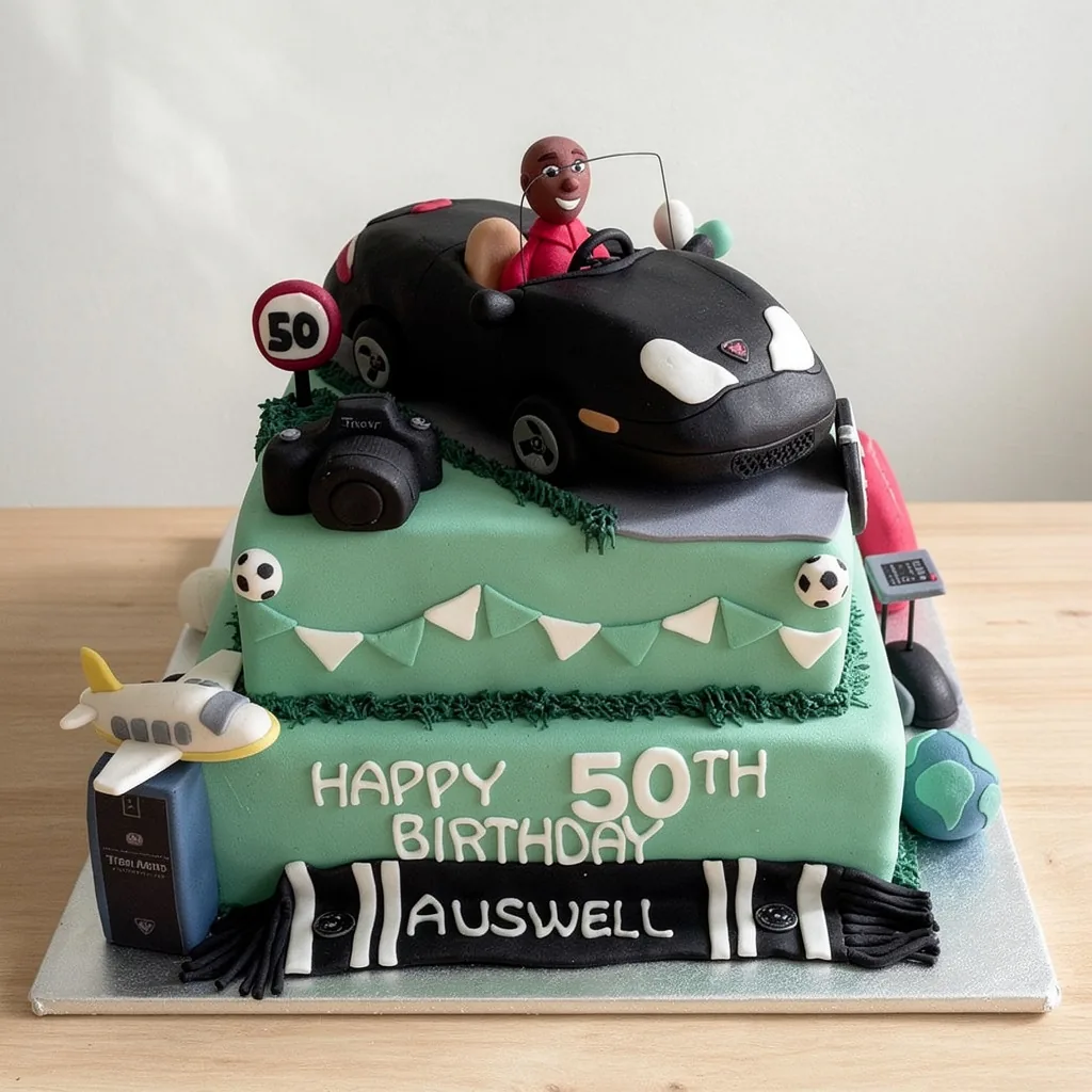Two-tier birthday cake with car, camera, soccer balls, mini airplane, and scarf decorations