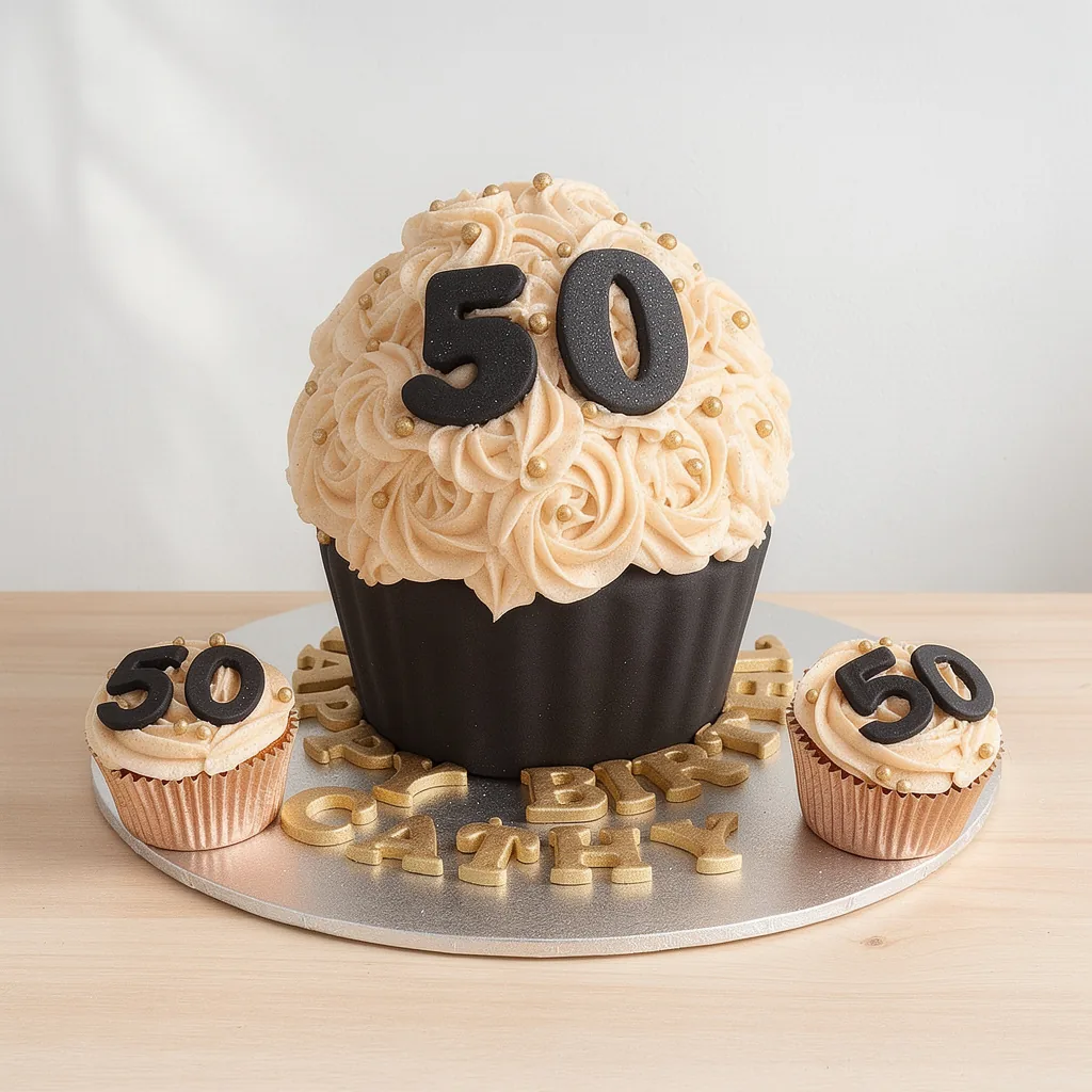 Large cupcake cake with beige swirled icing and black 50 topper, two smaller matching cupcakes, and gold letters on board