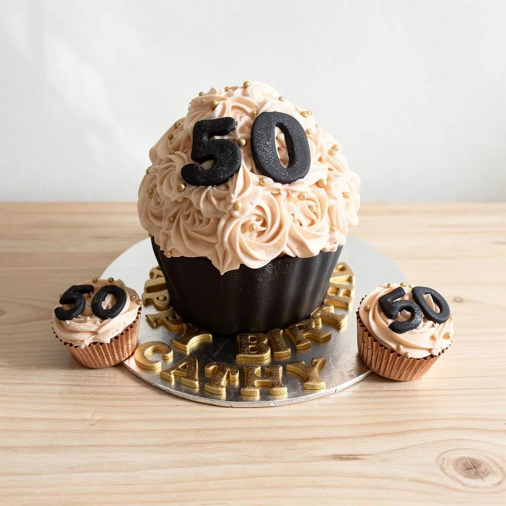 Large cupcake cake with pink swirled frosting decorated with number 50 and gold edible beads, with two matching smaller…
