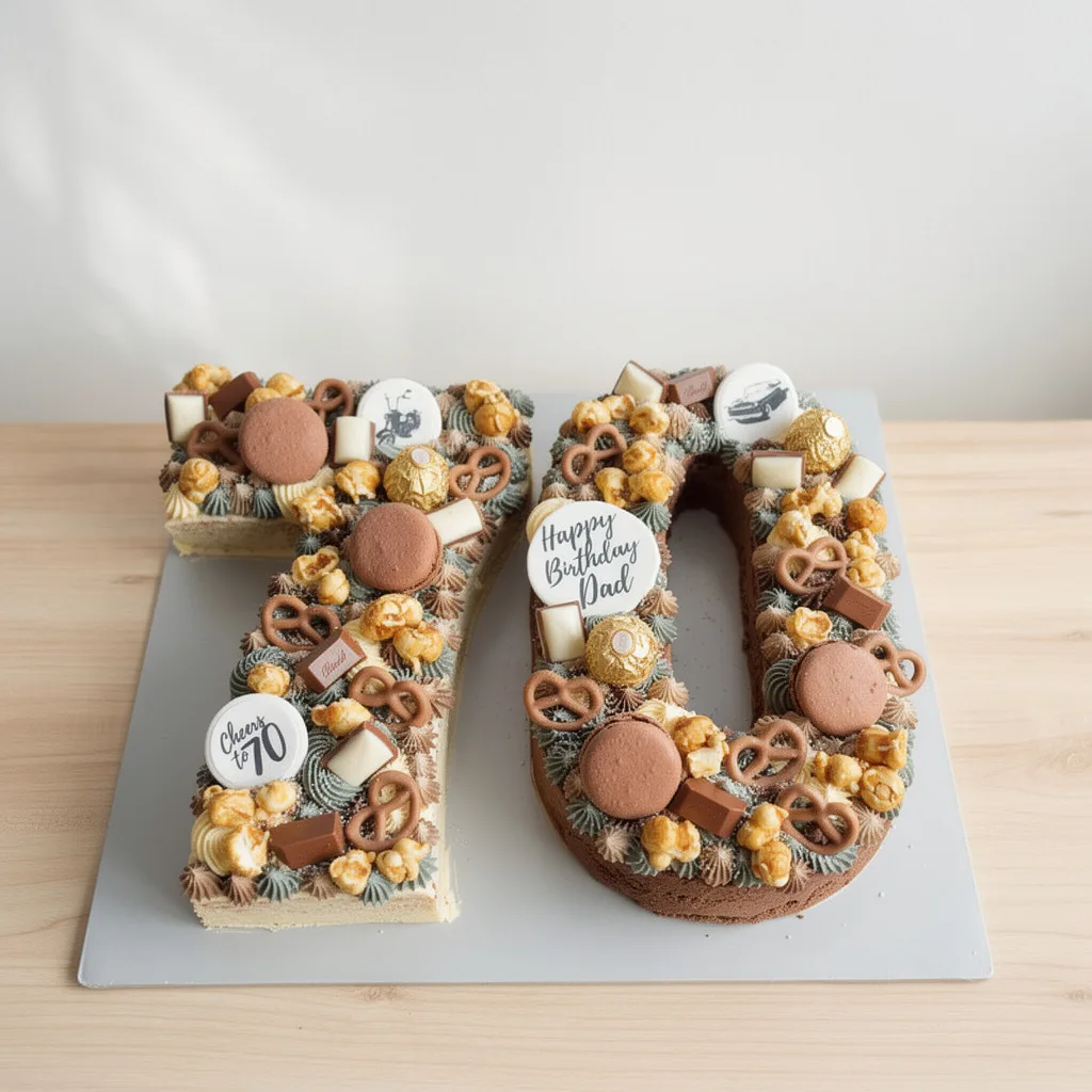 Number 70 shaped cake decorated with popcorn, macarons, pretzels, chocolates and edible printed discs