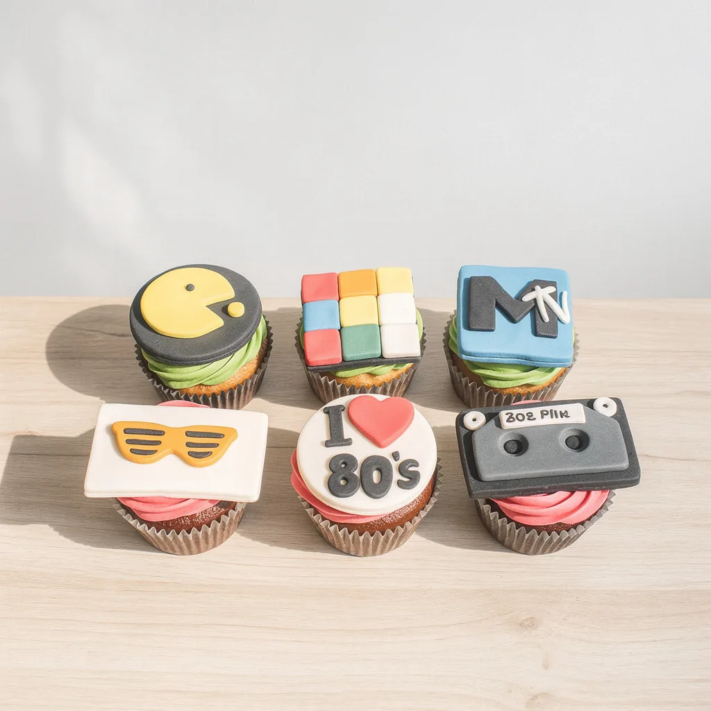 Six colorful cupcakes decorated with 1980s-themed fondant toppers including Pac-Man, cassette tape, and MTV logo