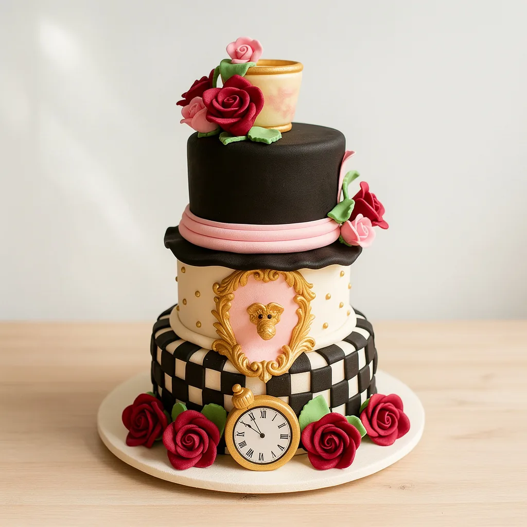 Three-tier cake with black top hat, checkerboard pattern, roses, and gold pocket watch decoration