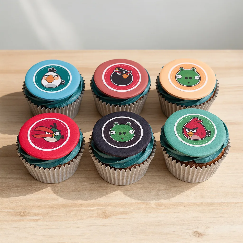 Six cupcakes topped with blue frosting and edible Angry Birds character toppers on a wooden surface