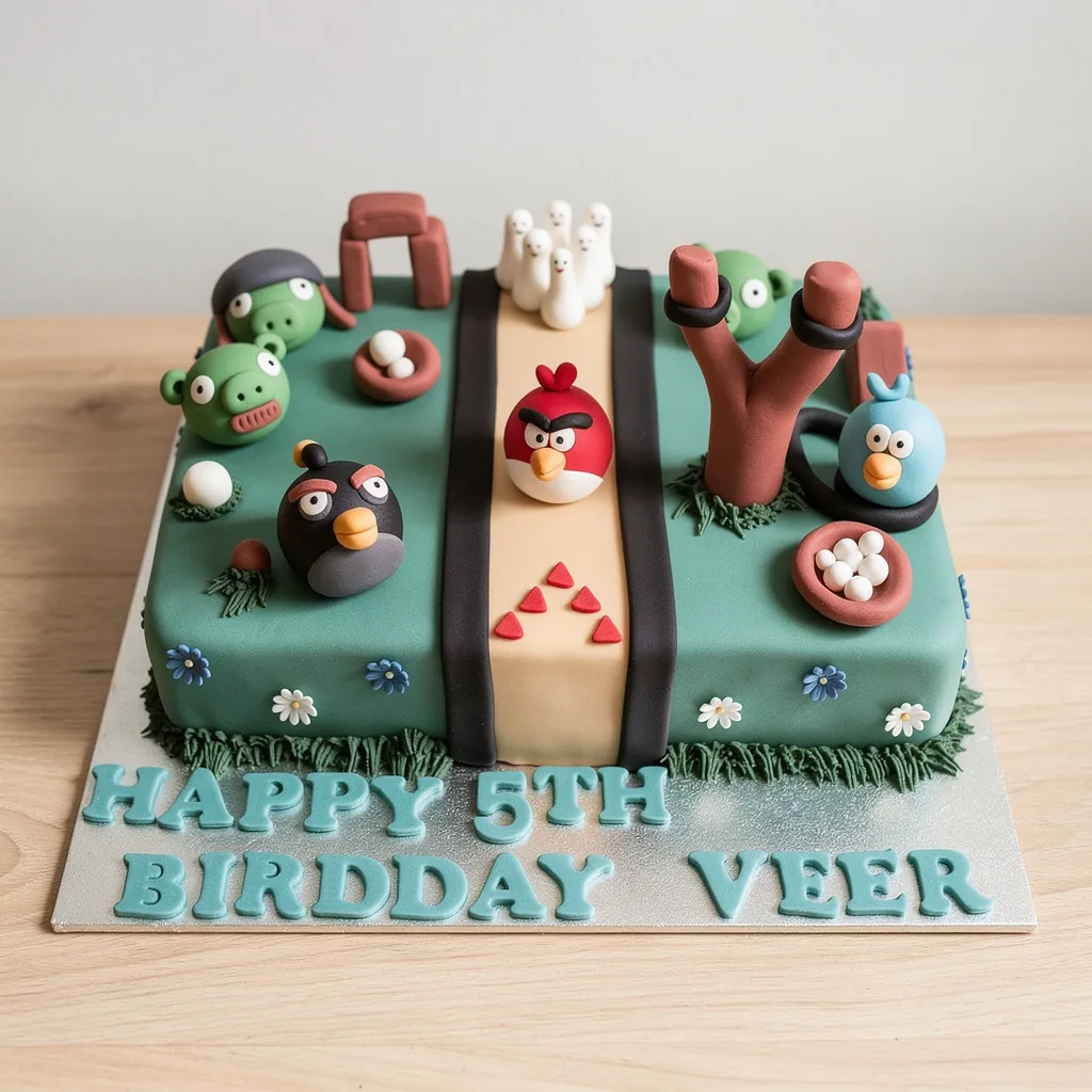 Square cake decorated with Angry Birds characters, including red and blue birds, green pigs, slingshot, and egg nests