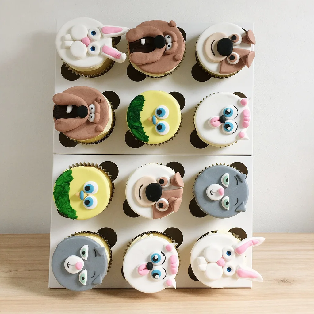 Twelve cupcakes decorated with whimsical animal faces including a rabbit, bear, dog, chick, and cat in pastel colors