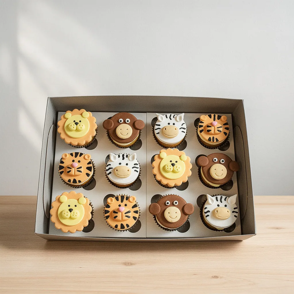 Box of twelve cupcakes decorated with lion, monkey, zebra, and tiger faces