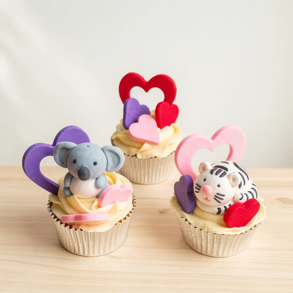 Three vanilla cupcakes with cream frosting topped with koala and tiger fondant figures and heart decorations