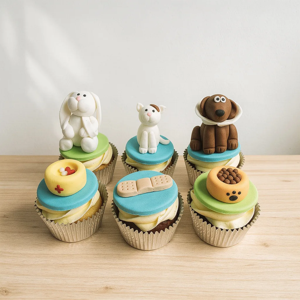 Six cupcakes topped with fondant figures of pets and pet-related items