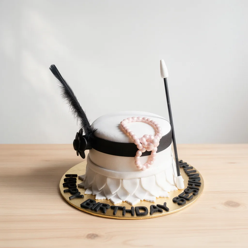 White cake decorated like a 1920s flapper hat with black feather, black band, pink pearl necklace, and cigarette holder