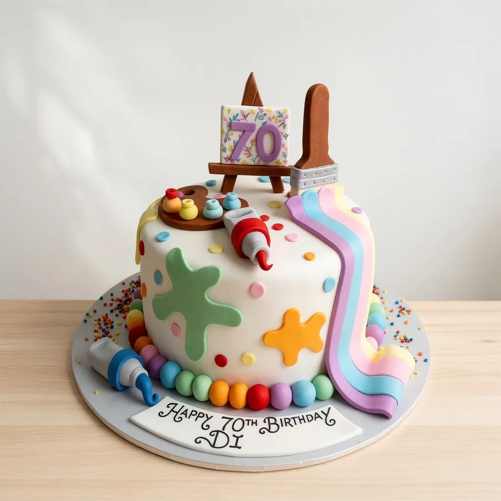 Round white fondant cake decorated with paint splatters, a paintbrush, paint tubes, and a colorful striped ribbon of icing