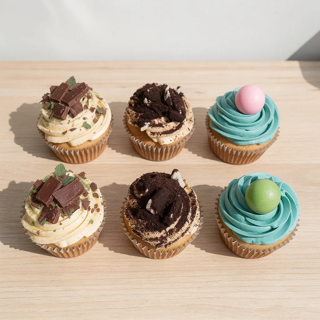 Six deluxe cupcakes with chocolate chunks, crushed cookies, and colorful frosting balls