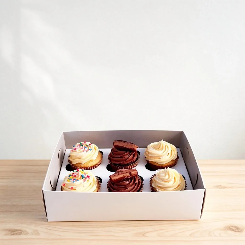Box of six assorted cupcakes with vanilla, chocolate, and cream frosting, some topped with sprinkles or mini brownies