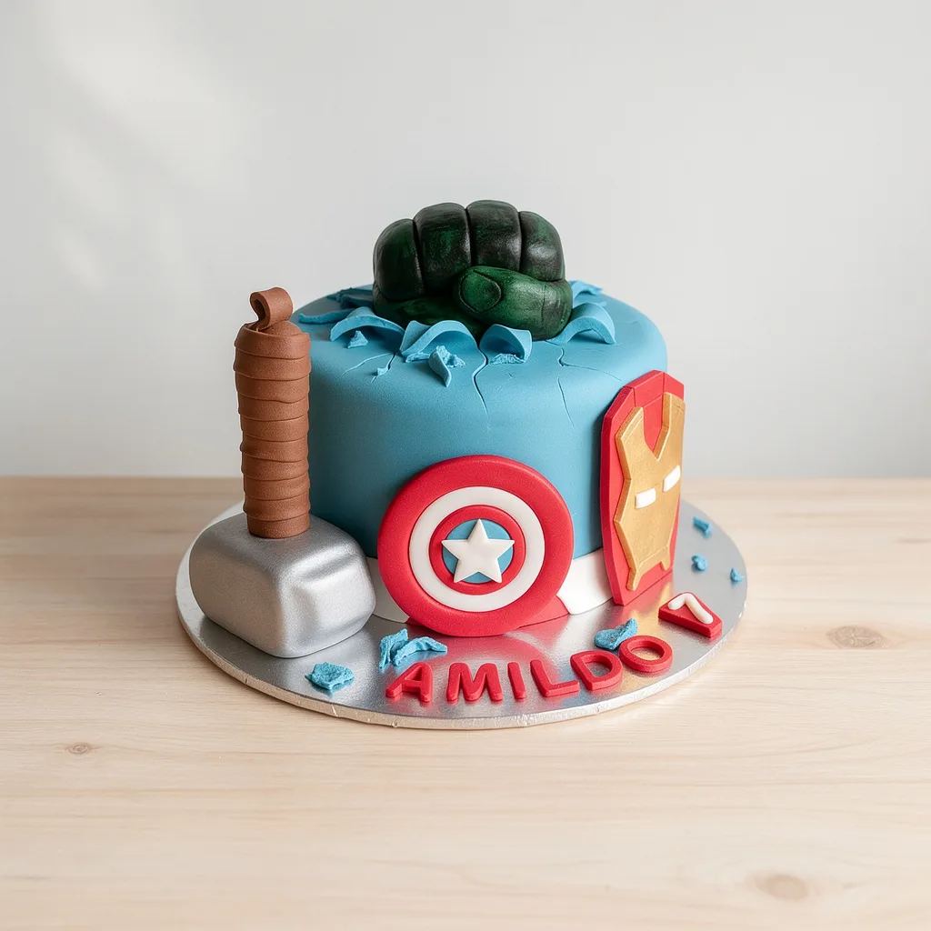 Blue round cake with Hulk fist topper, Thor hammer, Captain America shield, and Iron Man mask decorations