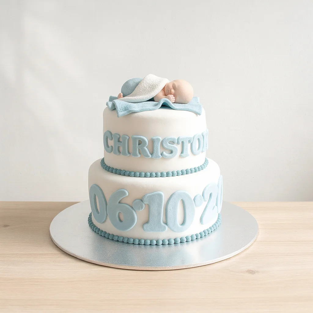 Two-tier white cake with blue fondant letters and a sleeping baby topper covered by a blanket