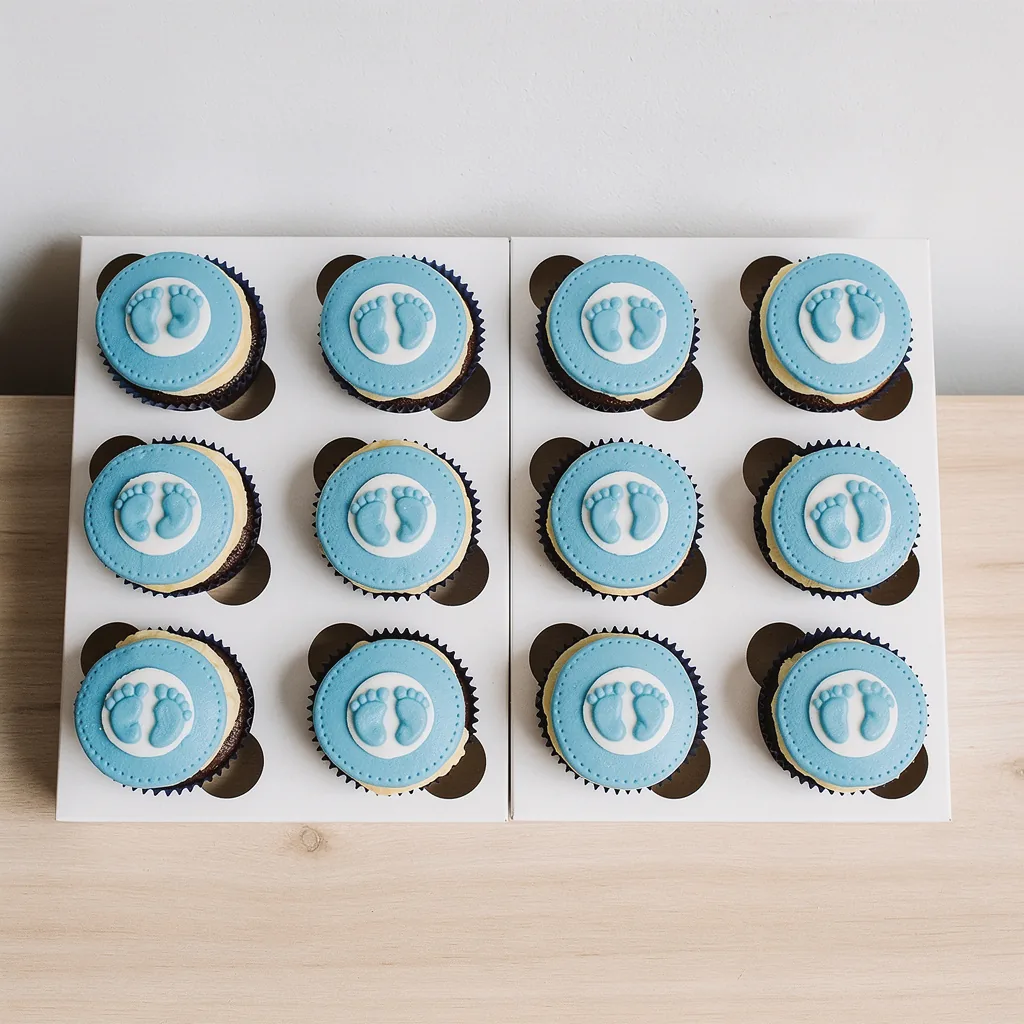 Twelve cupcakes topped with blue fondant discs featuring baby feet decorations