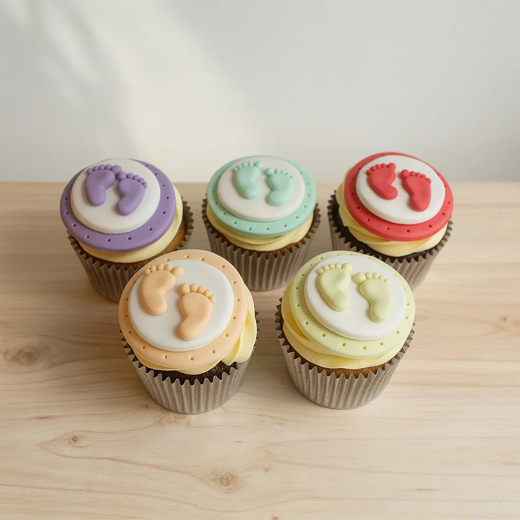 Five cupcakes topped with pastel baby feet decorations in purple, mint, red, orange, and yellow colors