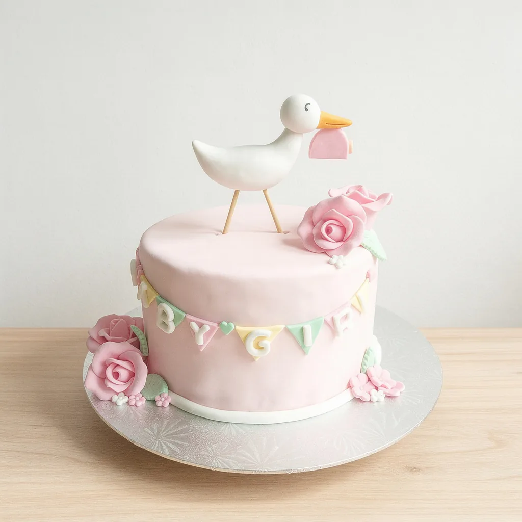 Pastel pink cake with fondant roses and a white stork topper holding a pink bundle