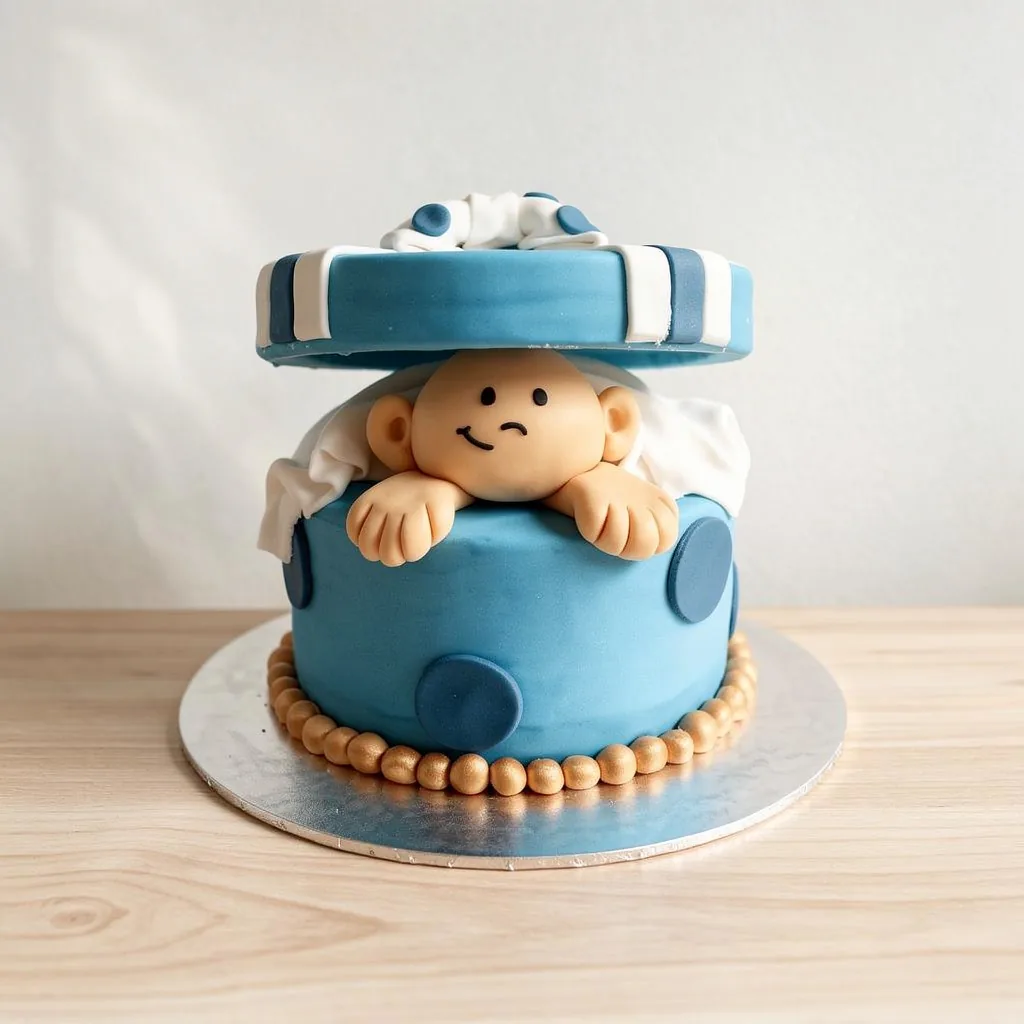Blue and white cake shaped like a gift box with a baby figure peeking out from the lid