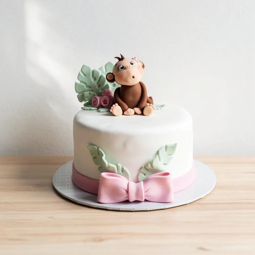 White round cake with a fondant baby monkey, tropical leaves, pink bow, and small flowers
