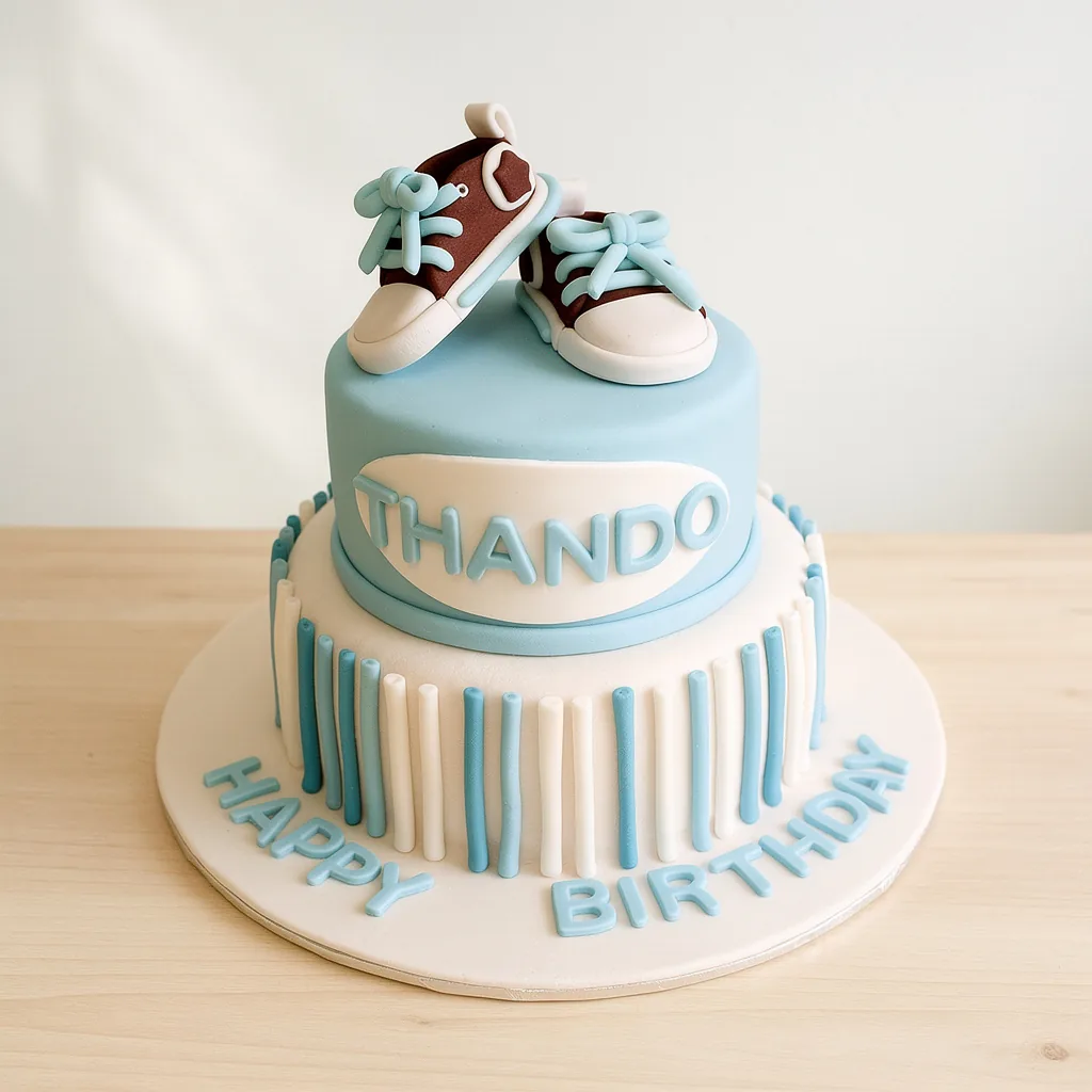 Two-tier cake with fondant baby shoes on top and blue and white striped decorations