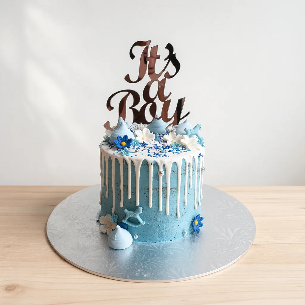 Blue baby shower cake with white drip icing, blue and white flowers, and it’s a boy topper