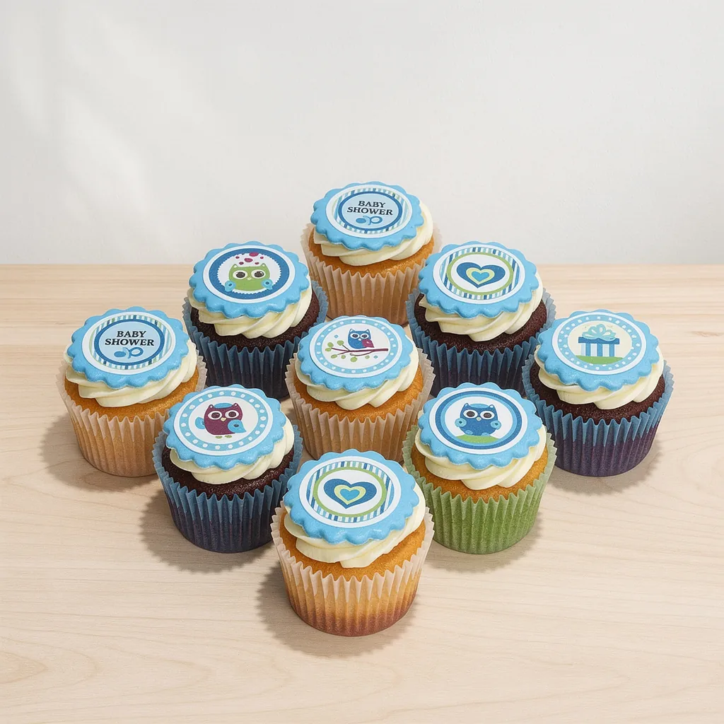 Cupcakes with blue fondant toppers featuring owls, hearts, gifts, and baby shower text