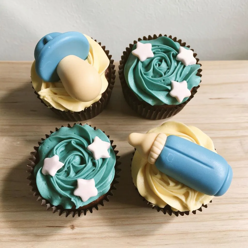 Four cupcakes with yellow and teal frosting, two topped with baby bottles and two with white star decorations
