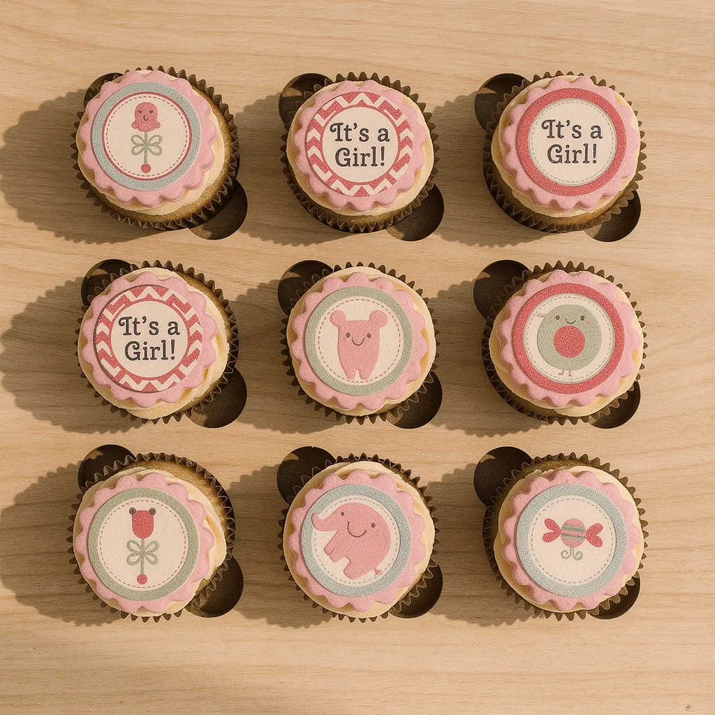 Nine baby shower cupcakes with pink icing and cute animal and flower toppers, two saying It's a Girl