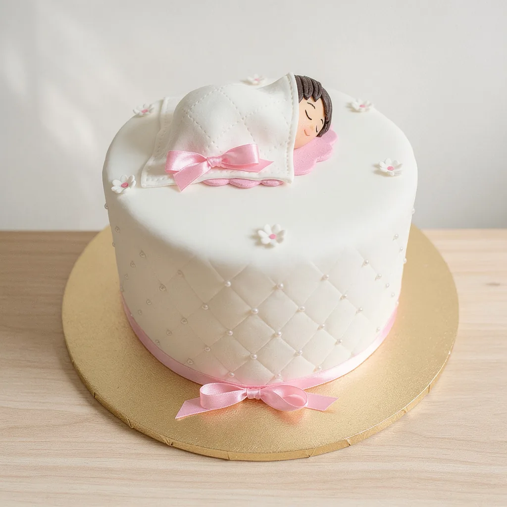 White round cake with quilted fondant, small flowers, and a sleeping baby figure under a blanket with a pink bow