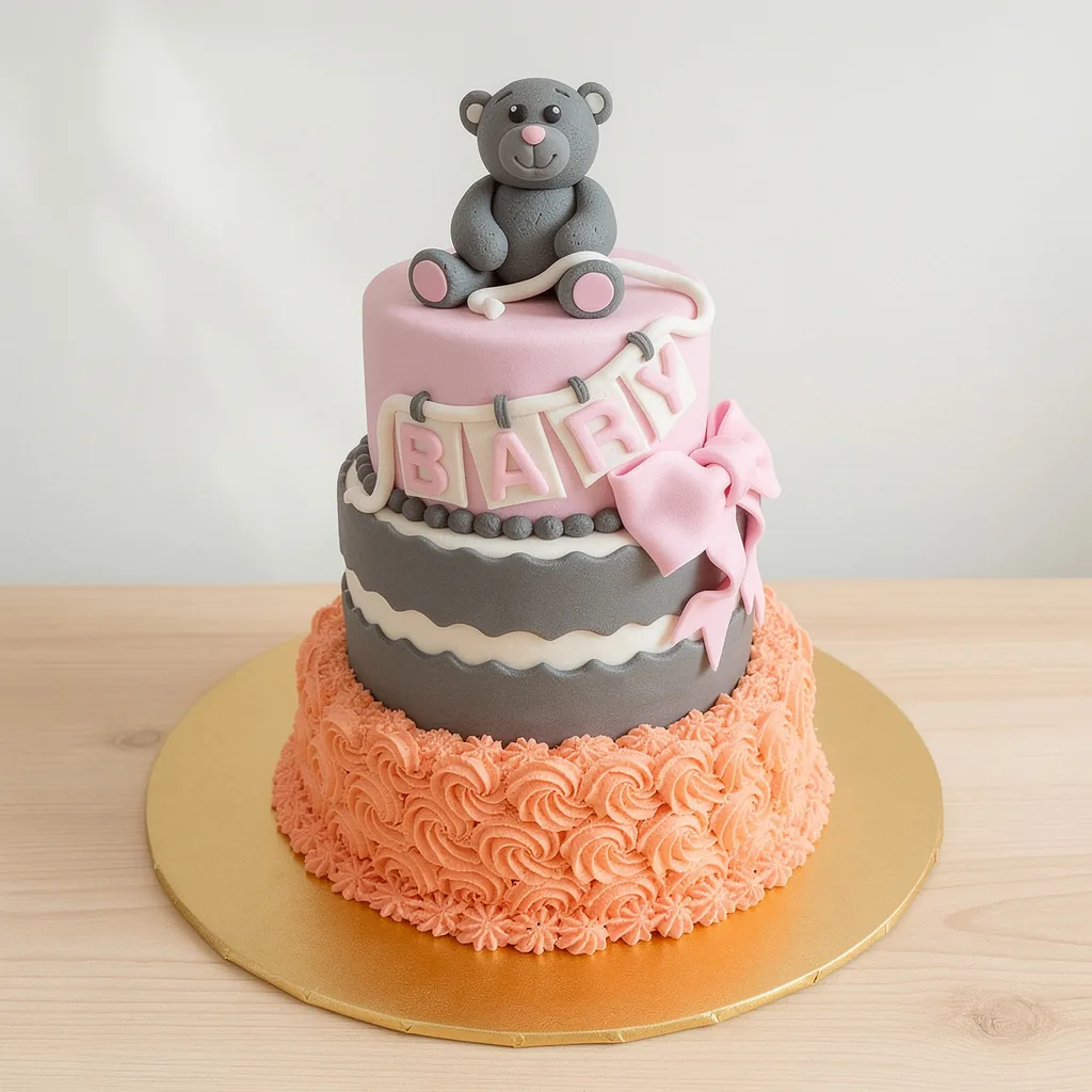 Three-tier baby shower cake with a grey teddy bear topper and pastel pink, grey, and peach decorations