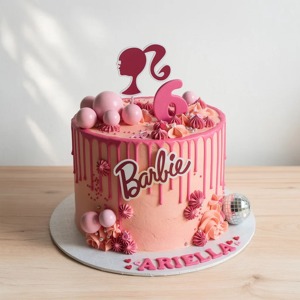 Pink Barbie-themed birthday cake with silhouette topper, number 6, and pink decorations