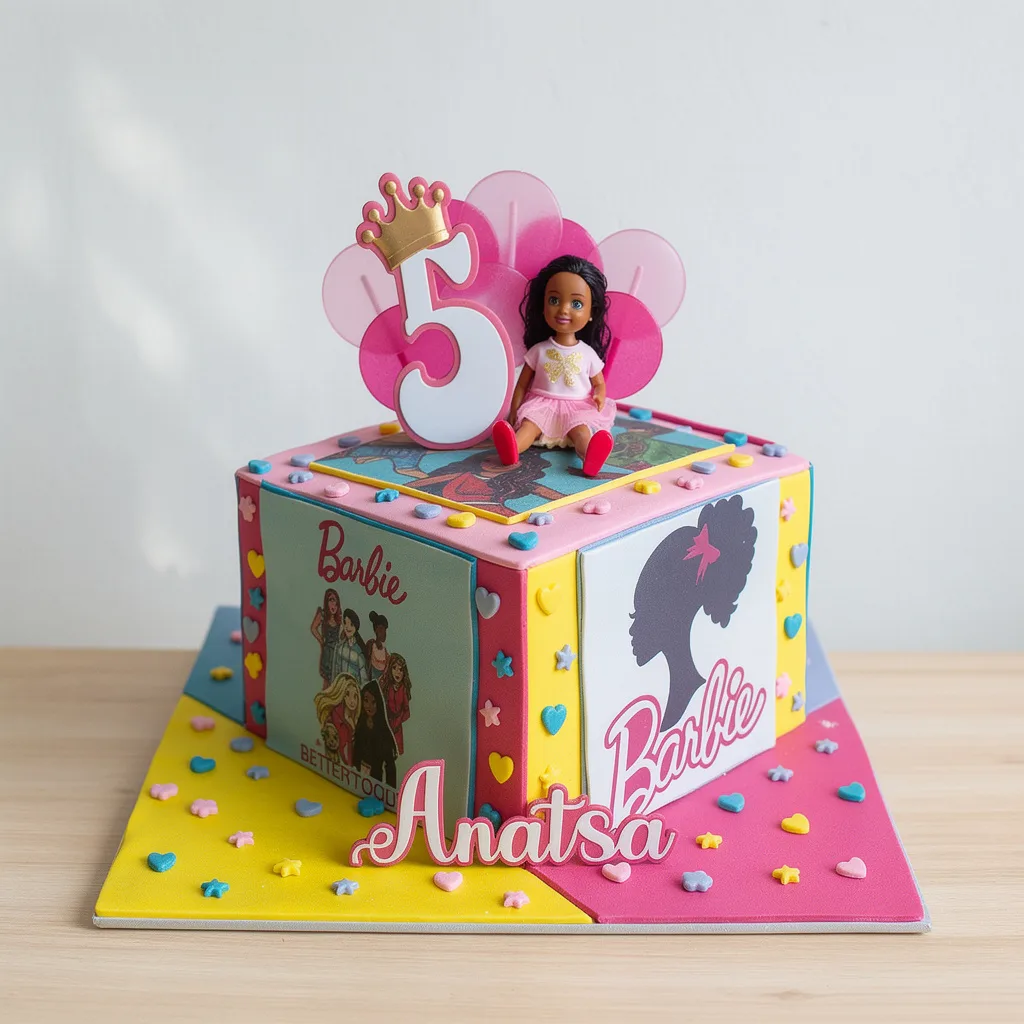 Colorful square Barbie themed cake with a 5th birthday topper and a doll sitting on top