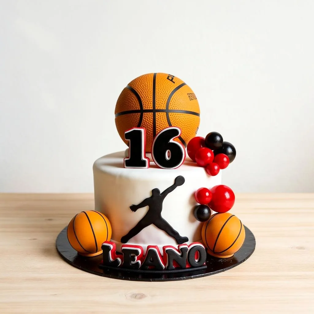 White round cake decorated with three basketballs, black and red spheres, number 16, and basketball player silhouette