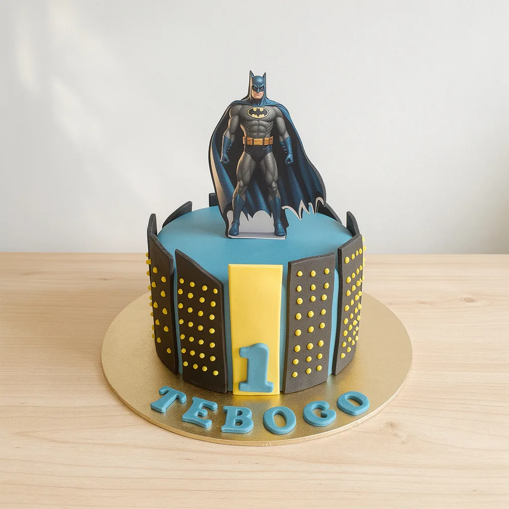 Round cake with Batman figure on top and black cityscape silhouettes with yellow windows