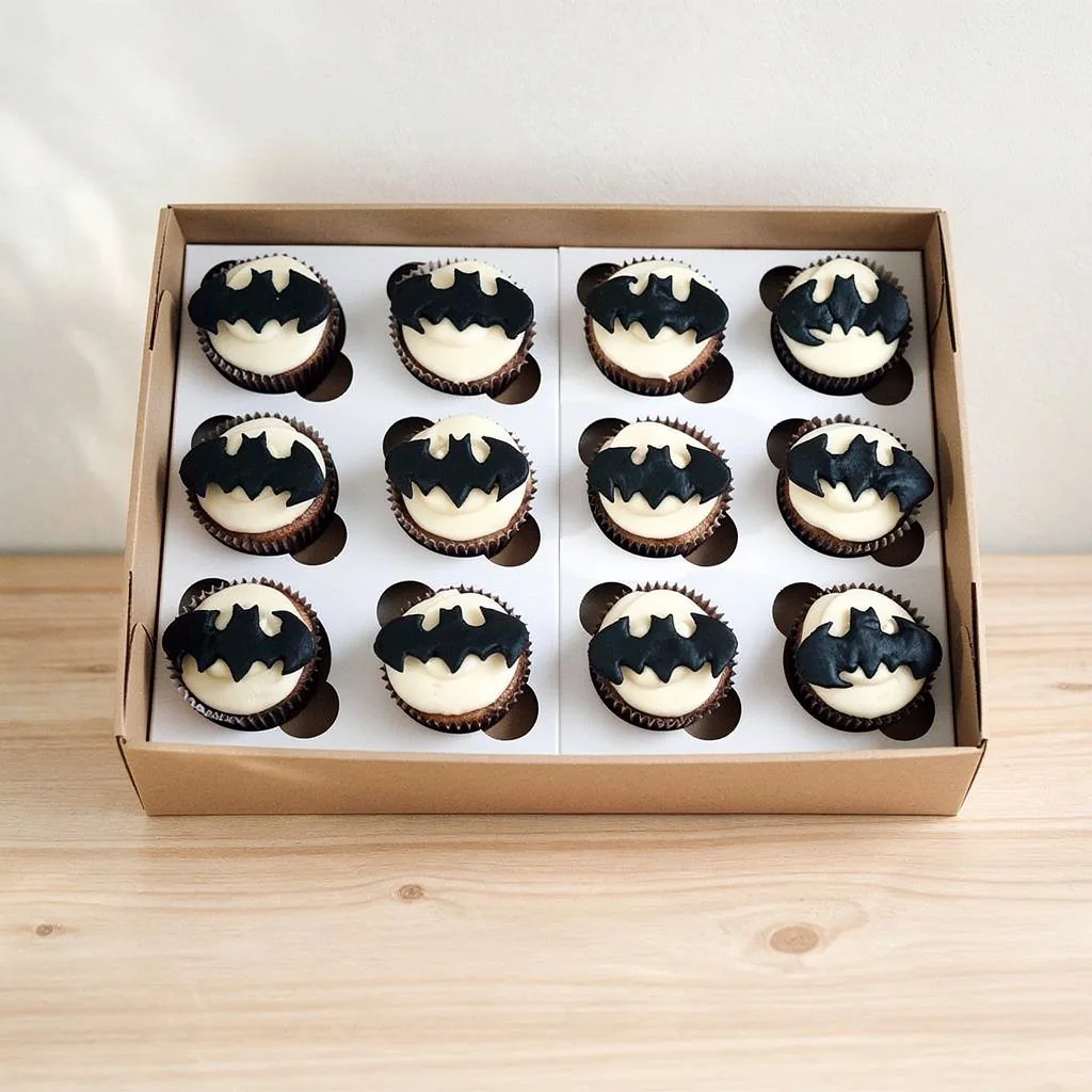 Twelve chocolate cupcakes with white icing topped with black bat logos in a cardboard box