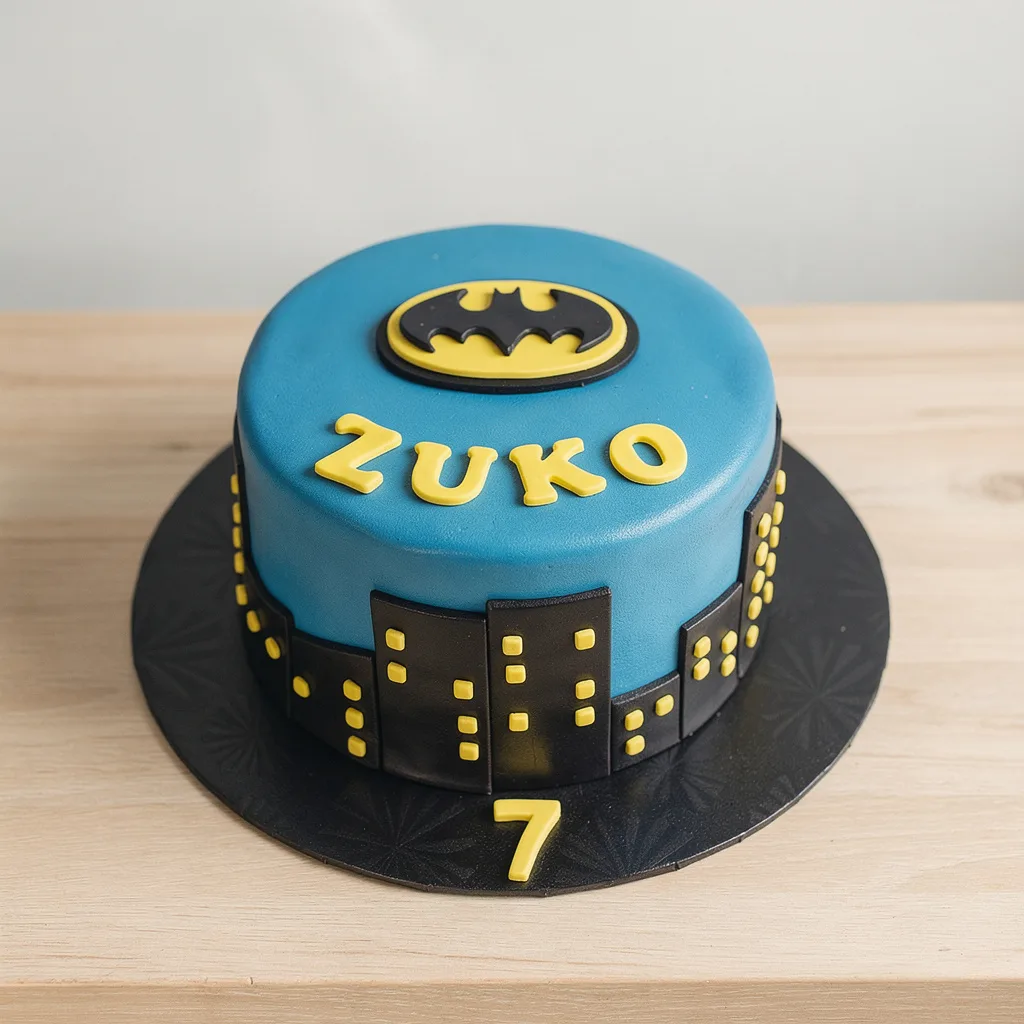 Round blue cake with black and yellow Batman logo and city skyline decoration