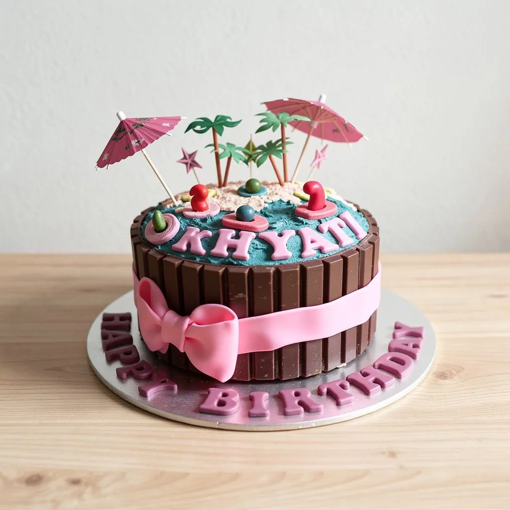 Round chocolate birthday cake with kit-kat bars, pink bow, blue frosting, and tropical decorations