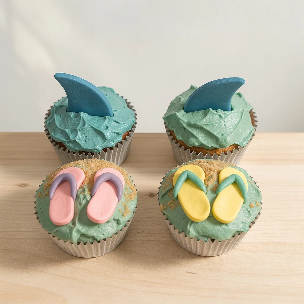 Cupcakes with blue frosting and edible shark fins, and cupcakes with flip flop decorations on green frosting