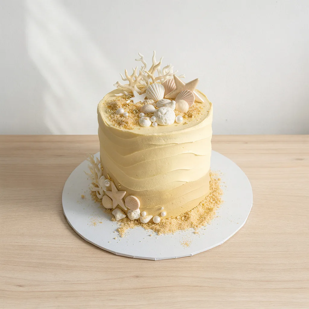 Cream-colored cake decorated with seashells, starfish, coral, and edible pearls on a sandy base