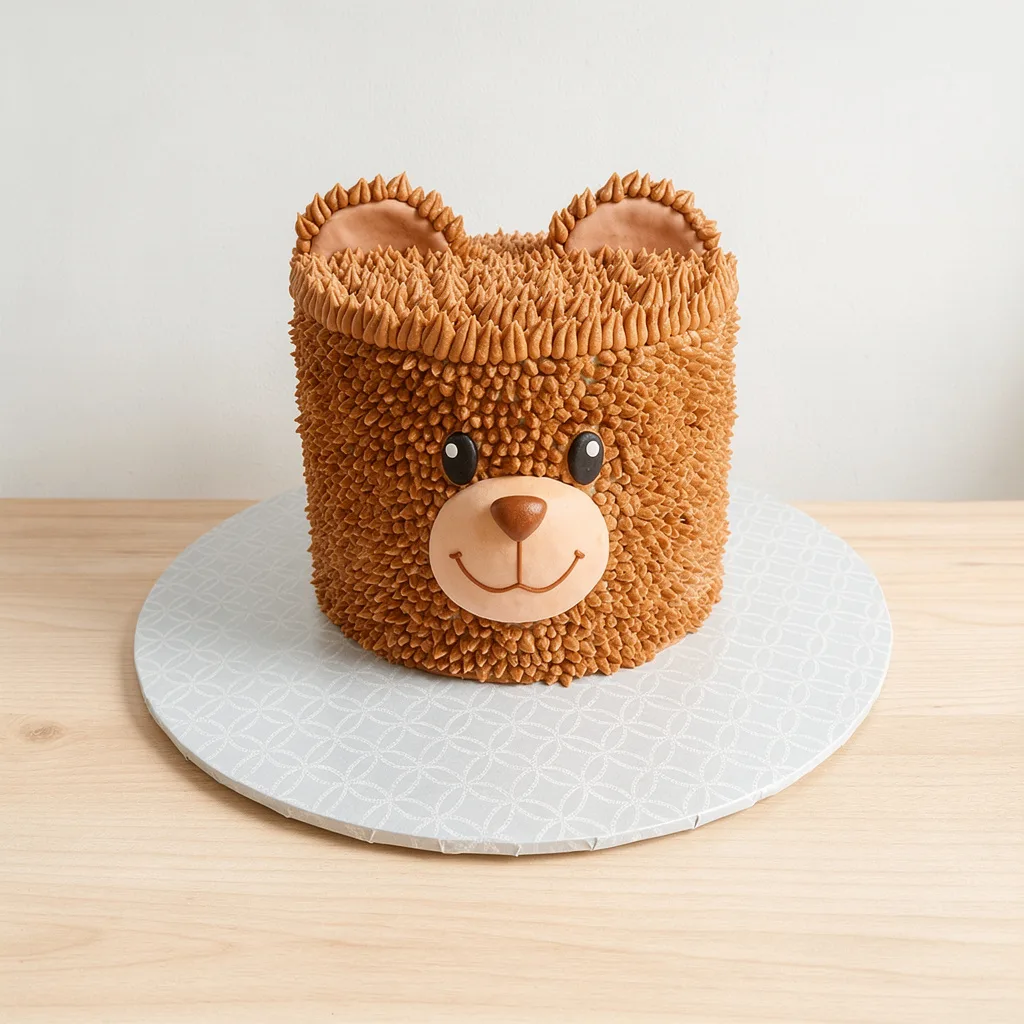 Round cake decorated with brown buttercream resembling a smiling bear face with textured fur and fondant ears