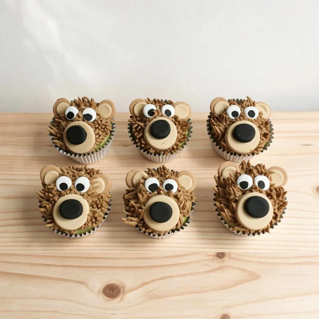 Six cupcakes decorated as cute bear faces with brown icing and fondant features
