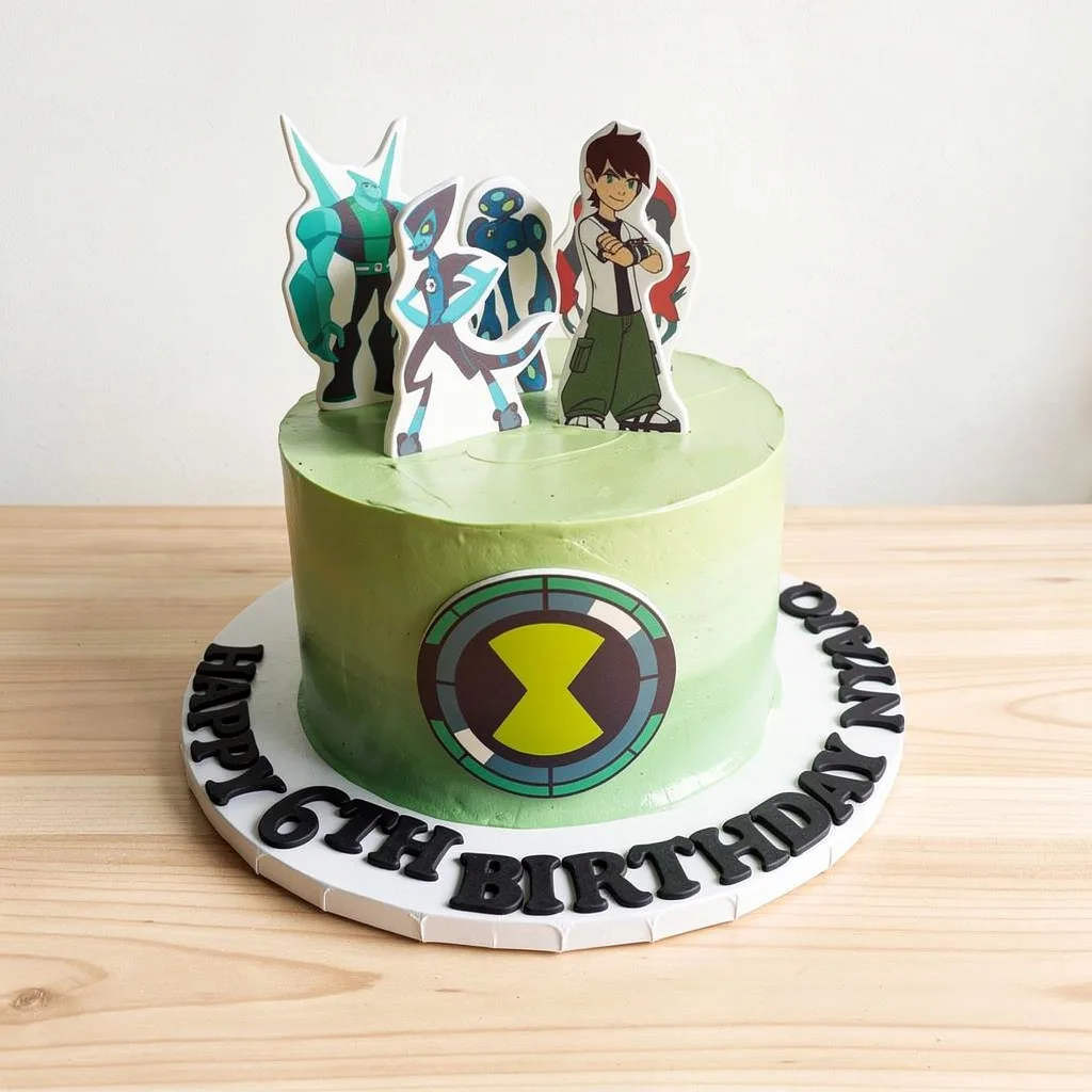 Round green gradient birthday cake with Ben 10 character toppers and emblem