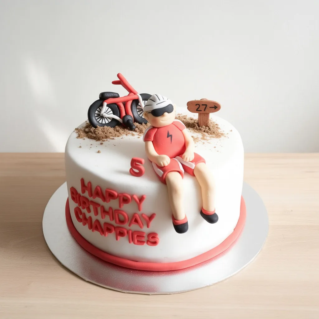 Round white cake with a red trimmed base, topped with a fondant figure wearing cycling gear and lying beside a red bicycle