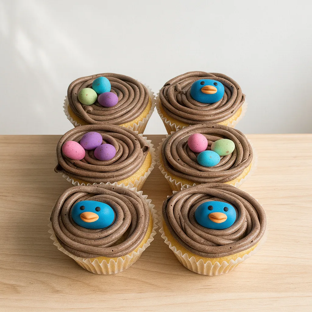 Set of six vanilla cupcakes with chocolate frosting nests topped with colorful candy eggs and blue bird faces