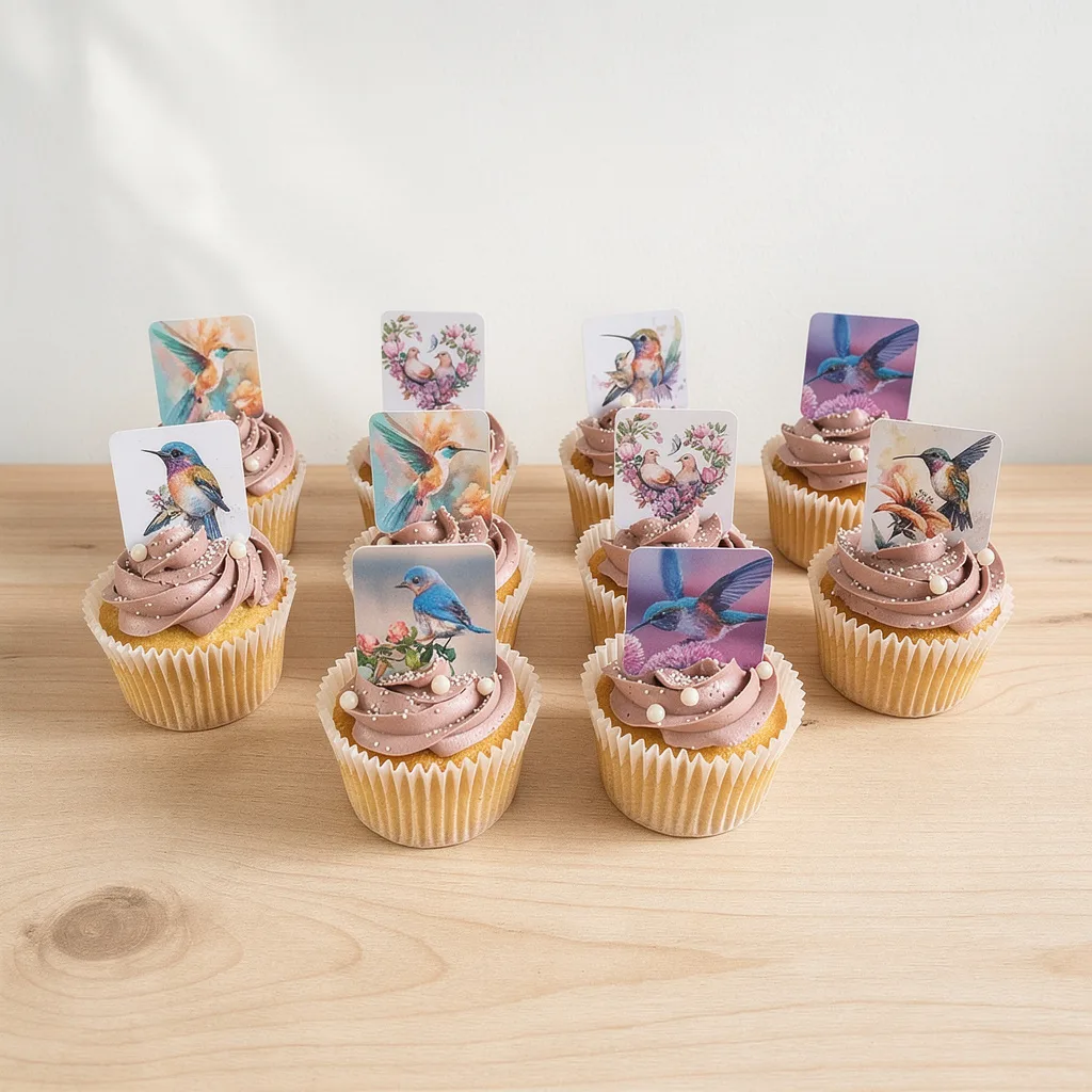 Cupcakes with mauve swirled frosting topped with edible bird image toppers and white sugar pearls