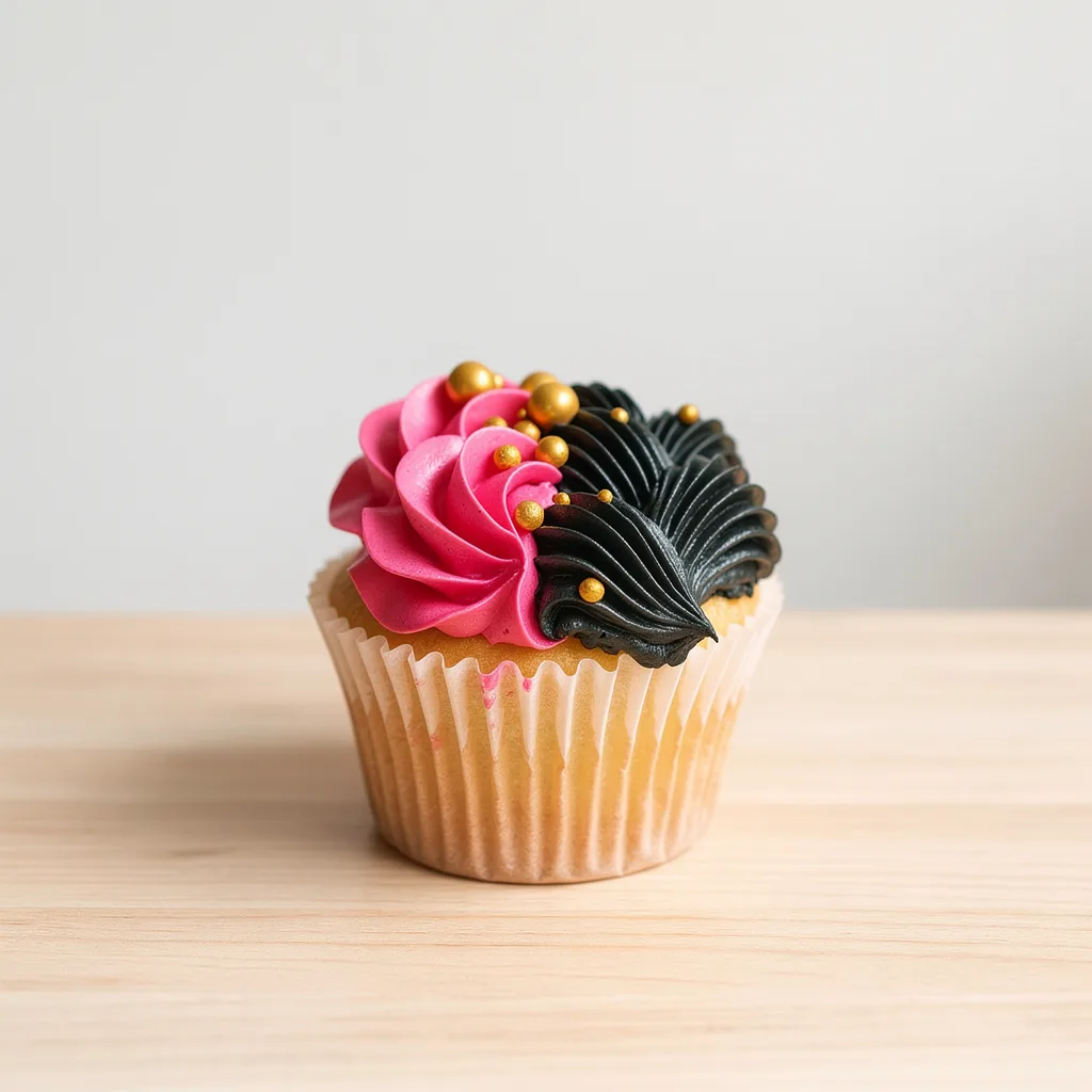 Cupcake with half pink and half black swirl frosting topped with small gold balls